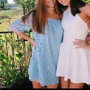 blue lace off the shoulder dress